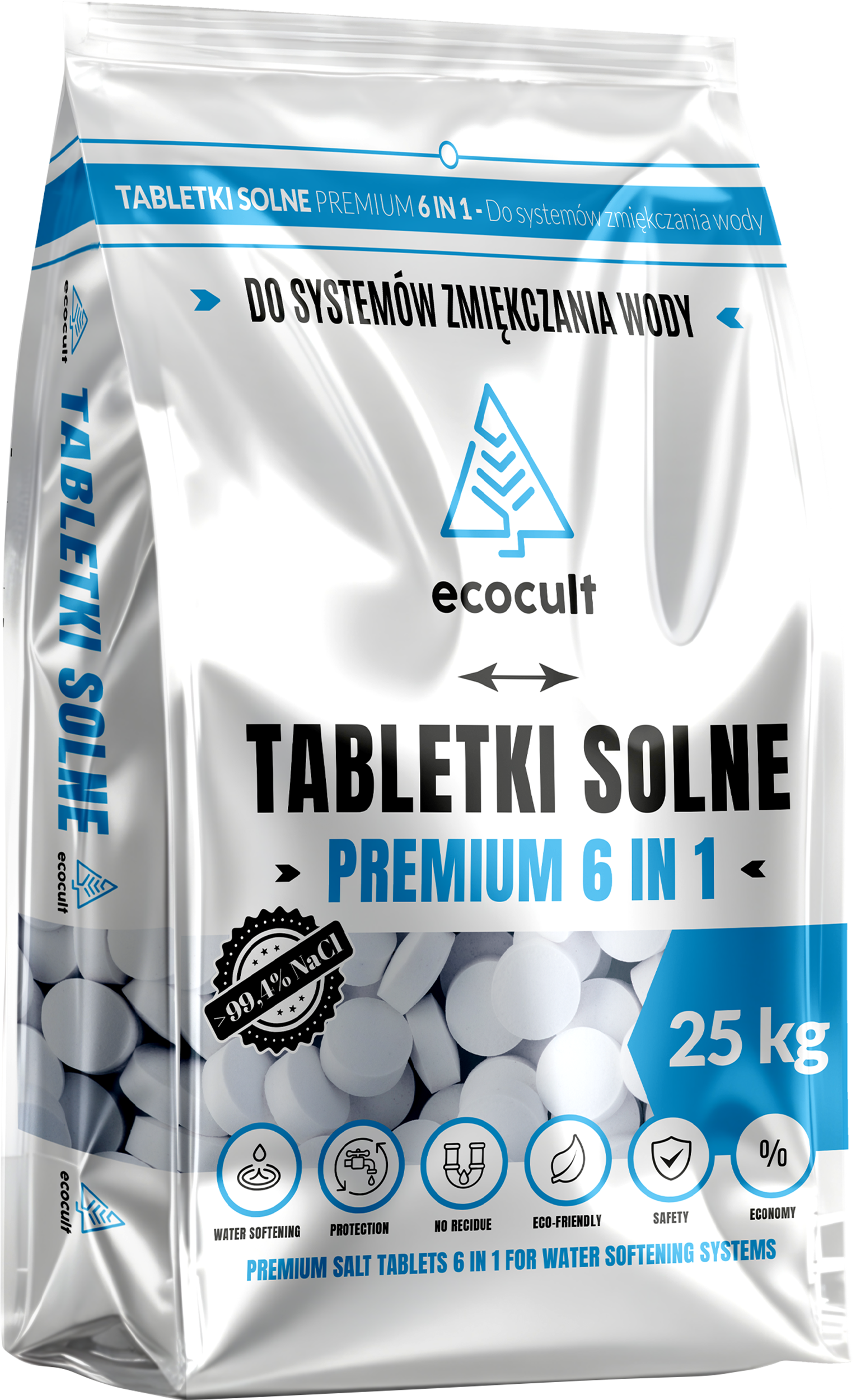 Worek 25 kg ECOCULT AQUATECH — sól tabletkowana B-Grade do zmiękczaczy wody